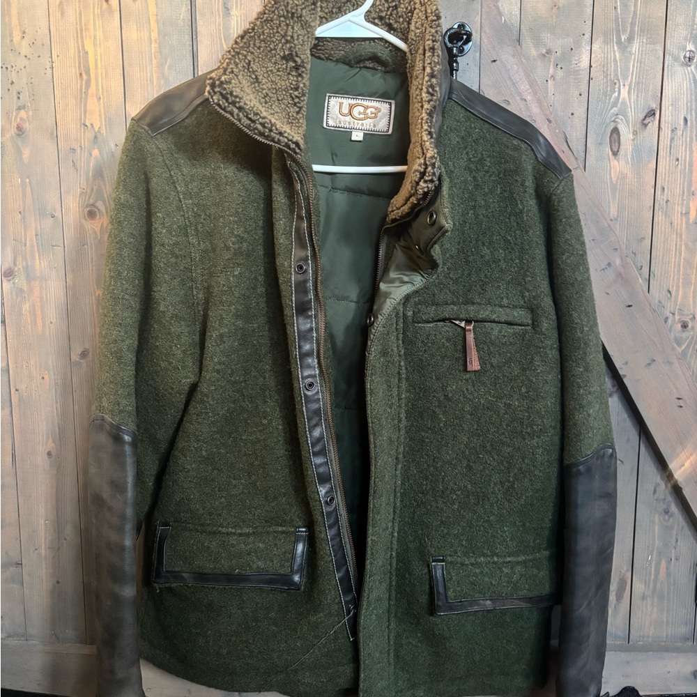 UGG Dark Green Wool Jacket with Black Leather Trim